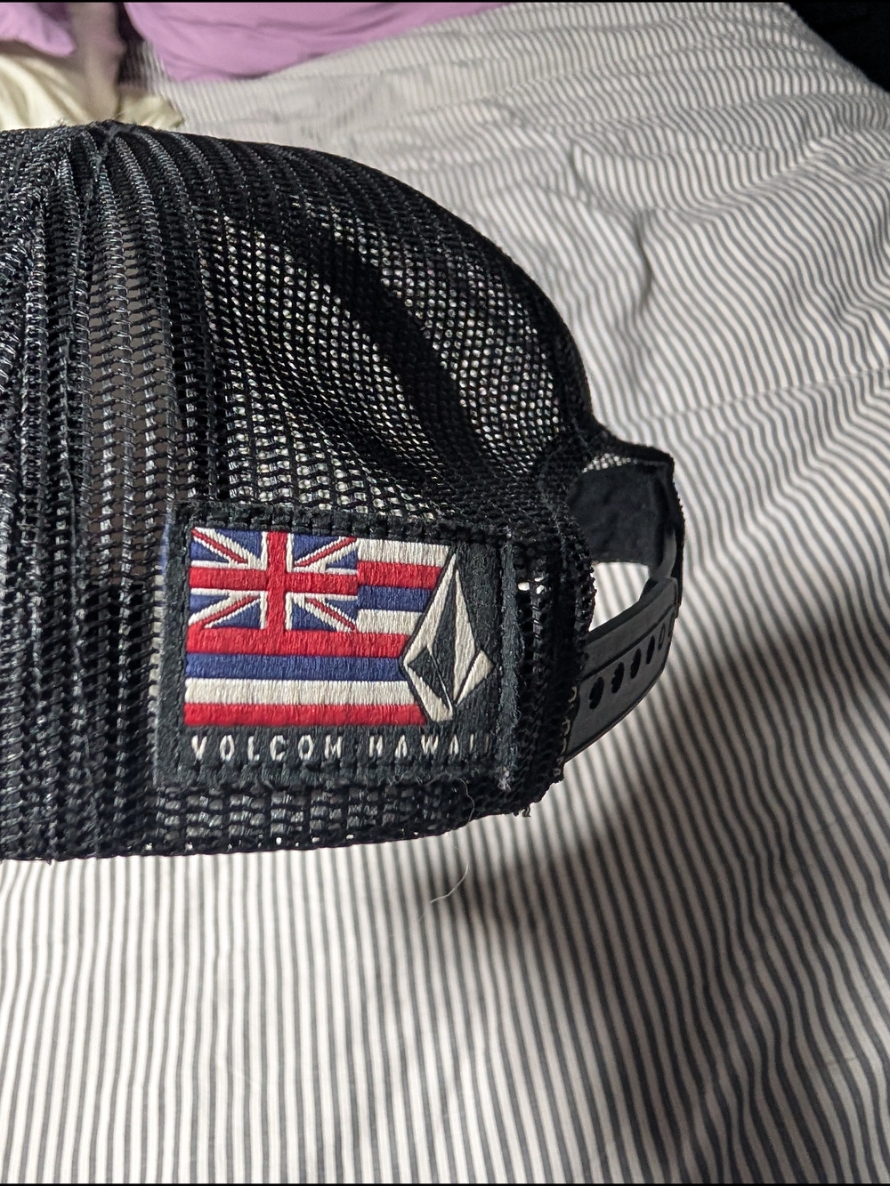 Volcom Black Mesh Trucker Hat with Hawaiian Flag Patch